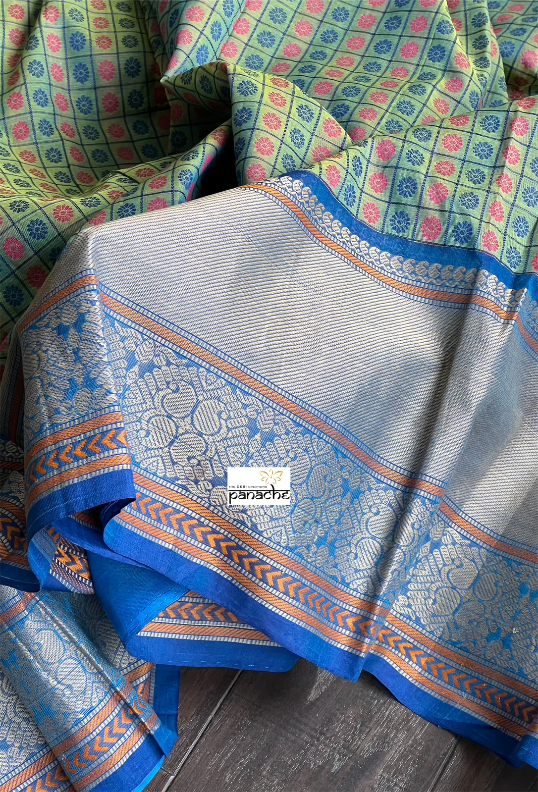 Pure Kanchi Cotton Handloom - Green Blue Dual Shaded