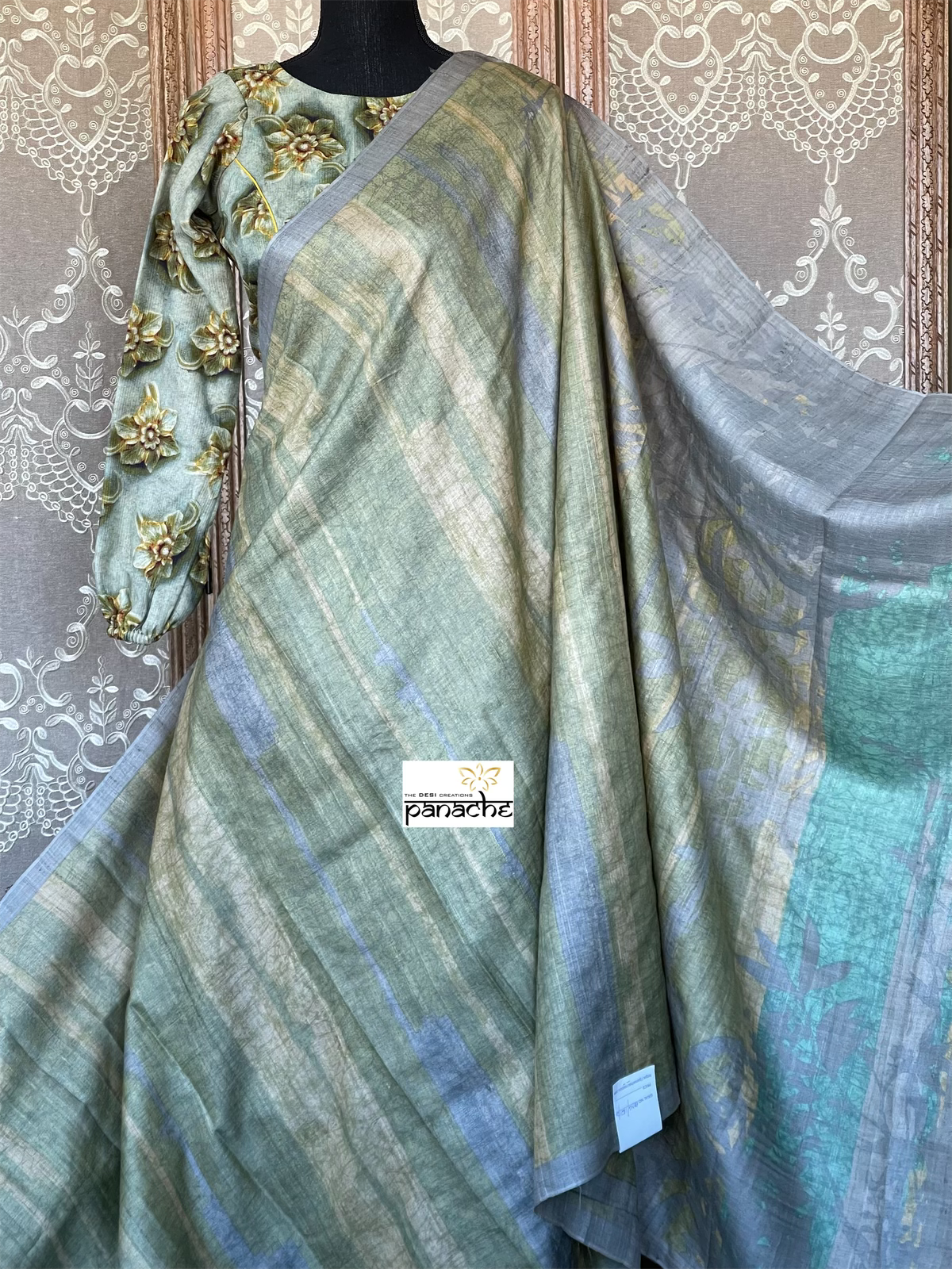 Pure Tussar Silk - Grey Pista Green Printed
