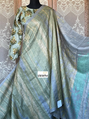 Pure Tussar Silk - Grey Pista Green Printed
