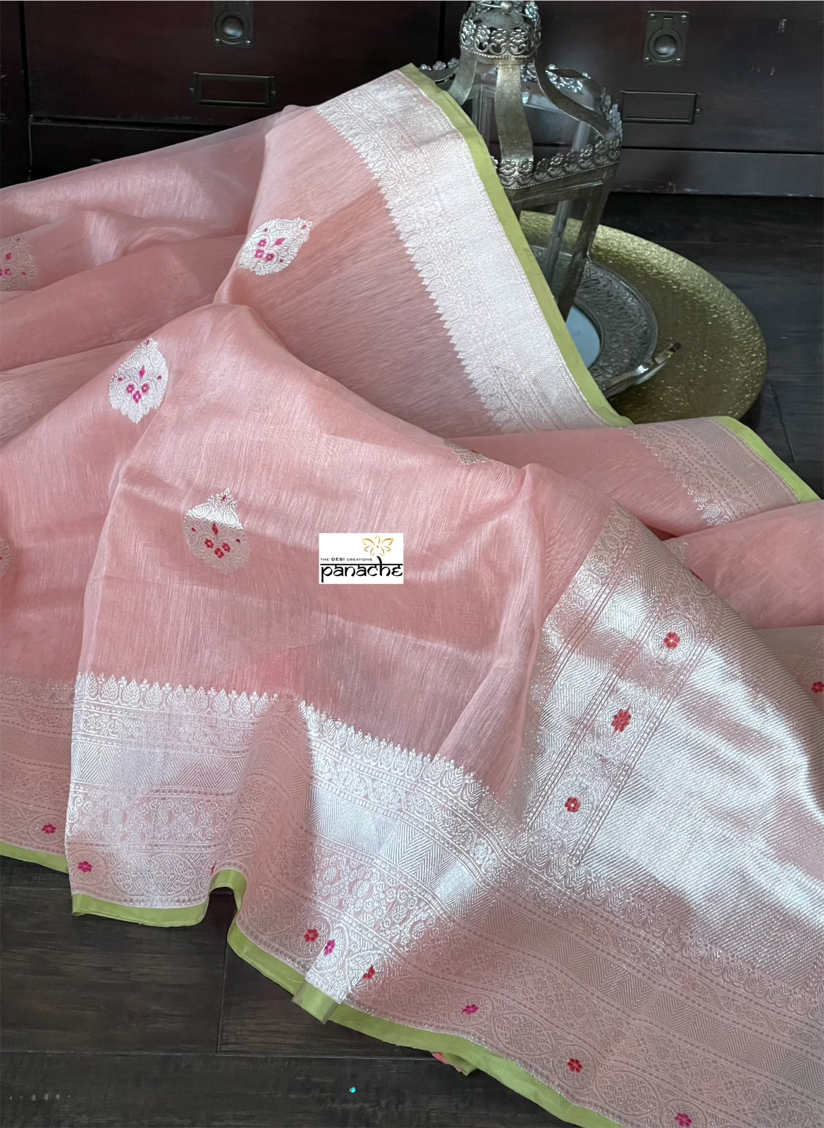 Linen Silk Banarasi - Peach Pink Green