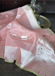 Linen Silk Banarasi - Peach Pink Green