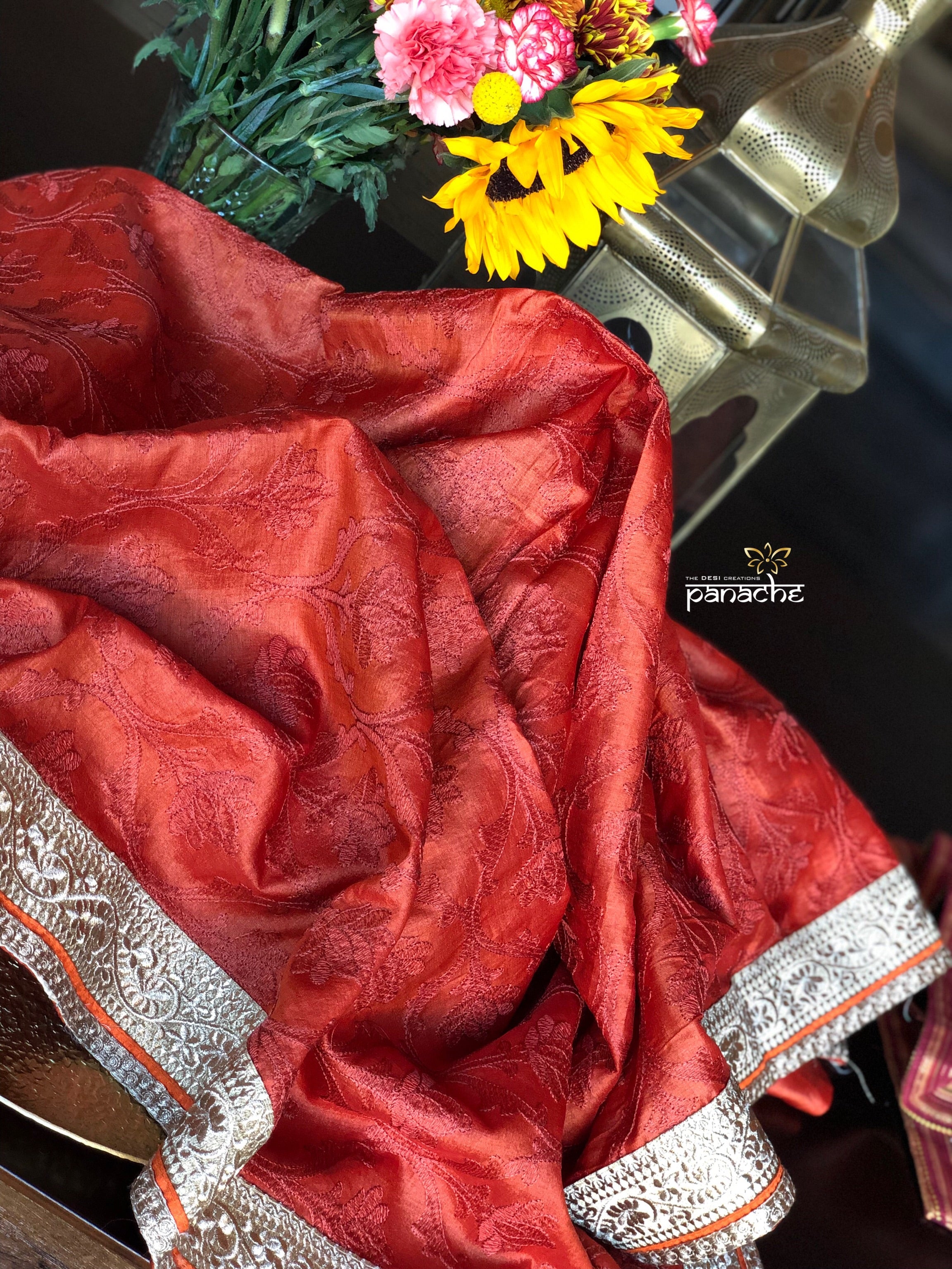 Designer Tussar Silk - Rust Golden Zari Woven
