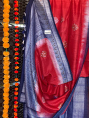 Tussar Georgette Banarasi - Red Navy Blue Kadwa