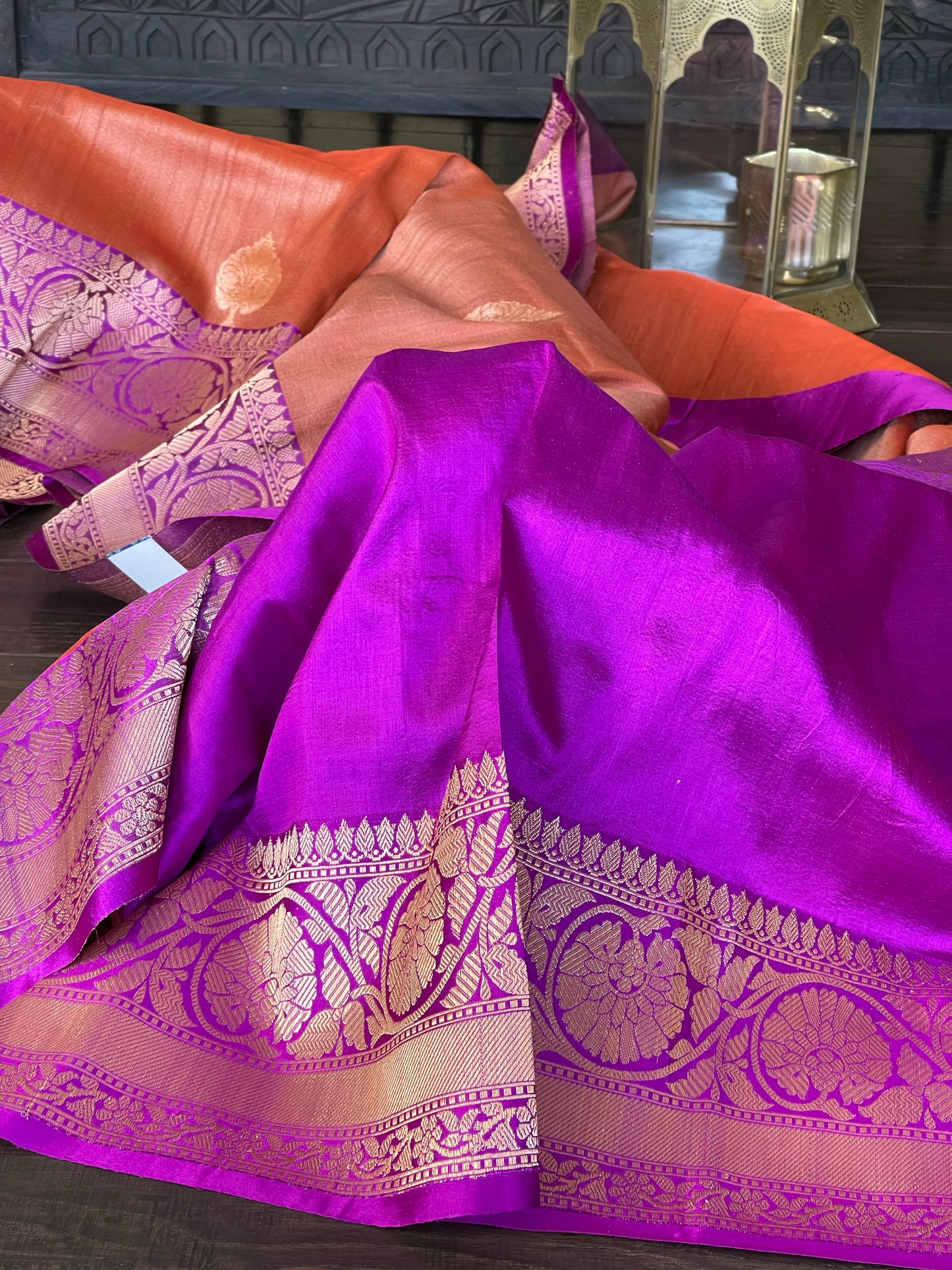 Tussar Silk Banarasi - Rust Orange Purple