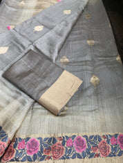Embroidered Muga Silk - Silver Grey
