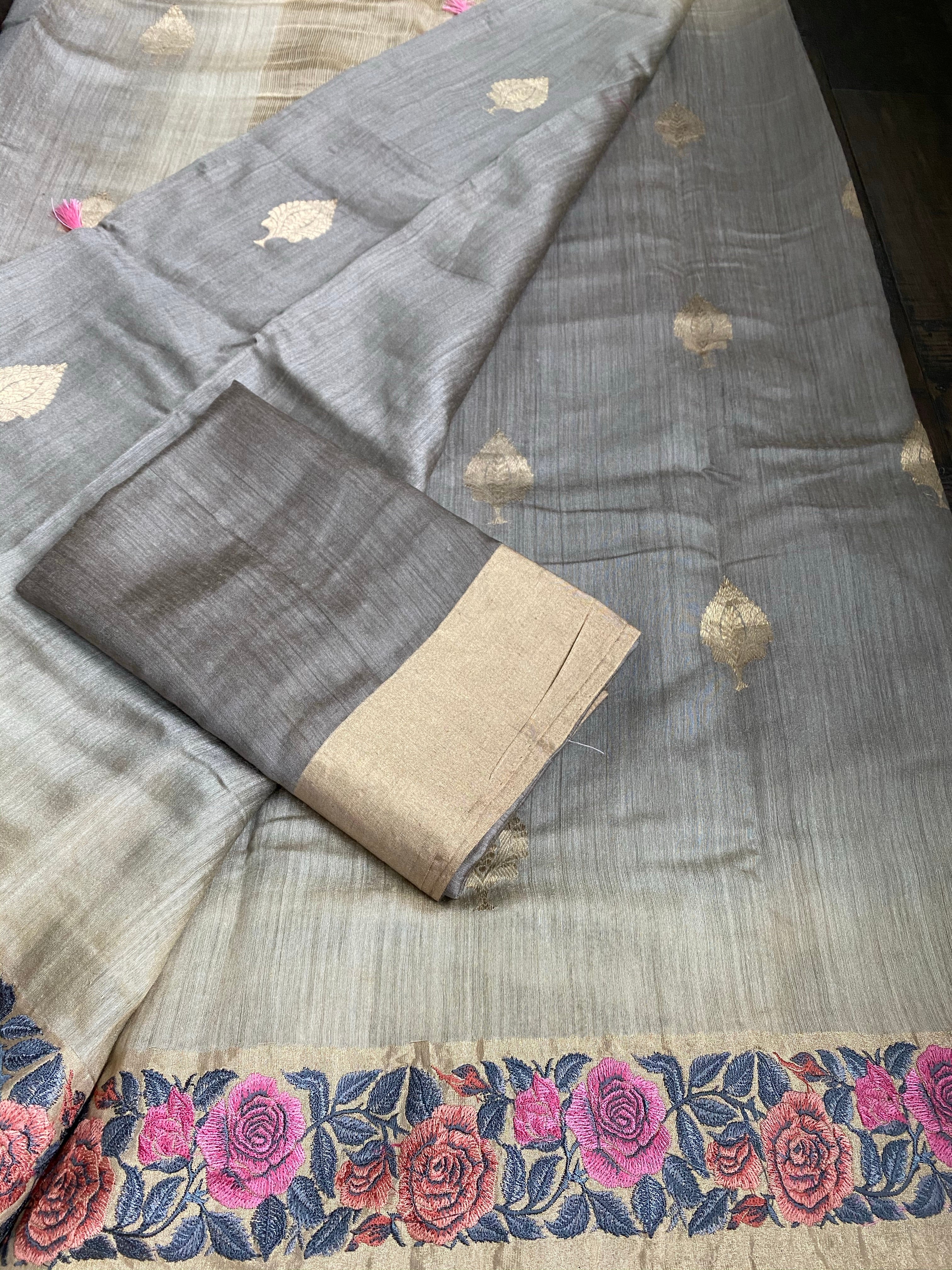 Embroidered Muga Silk - Silver Grey