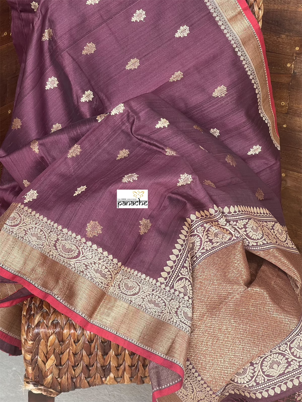 Pure Tussar Silk Banarasi - Wine color Antique Zari