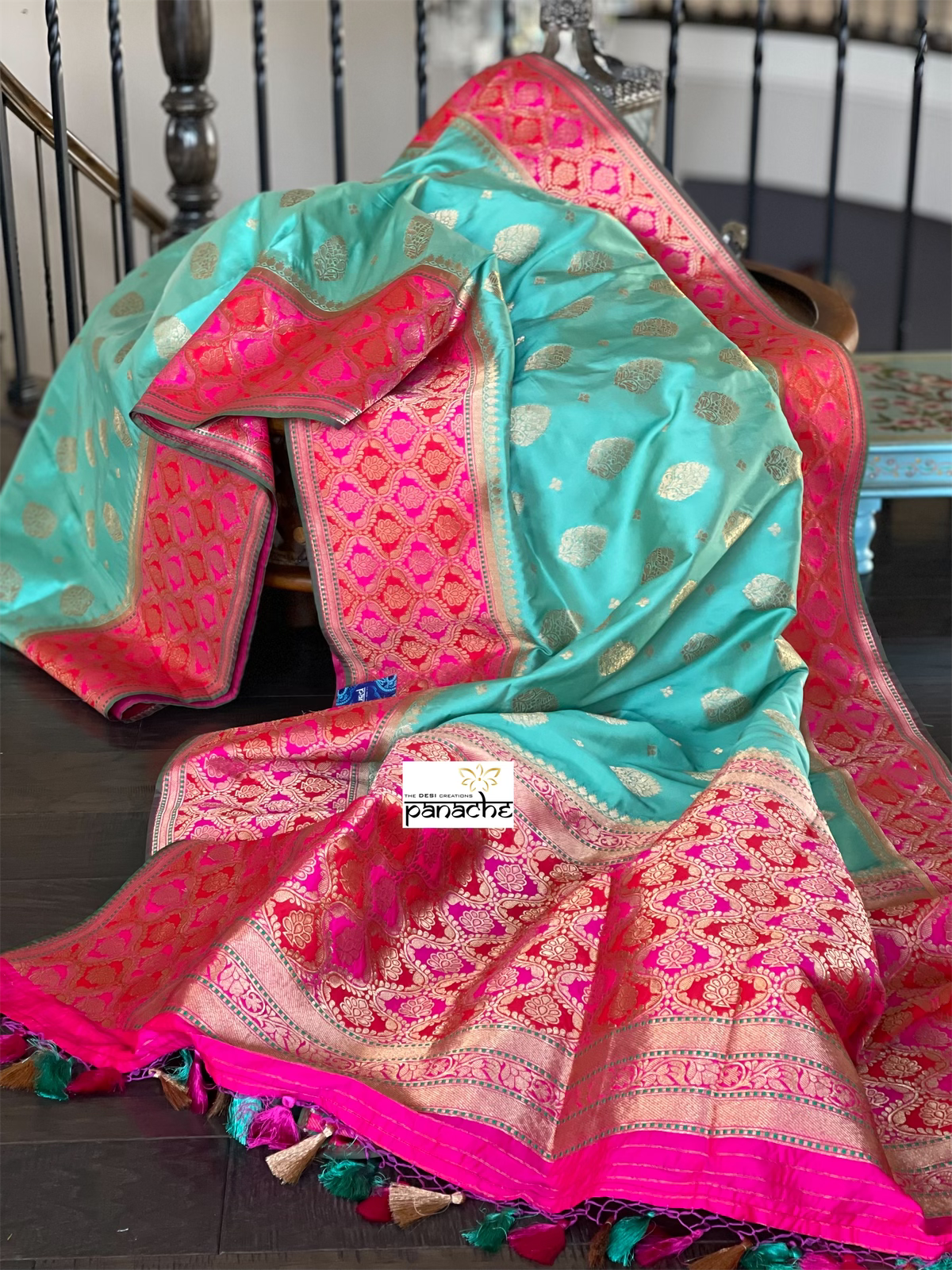 Soft Silk Banarasi - Sea Green Magenta Antique Golden Zari