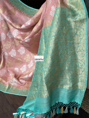 Tussar Georgette Banarasi- Peach Pink Sea Green