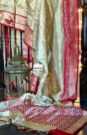 Pure Katan Silk Banarasi - Golden Beige Red Kadwa woven