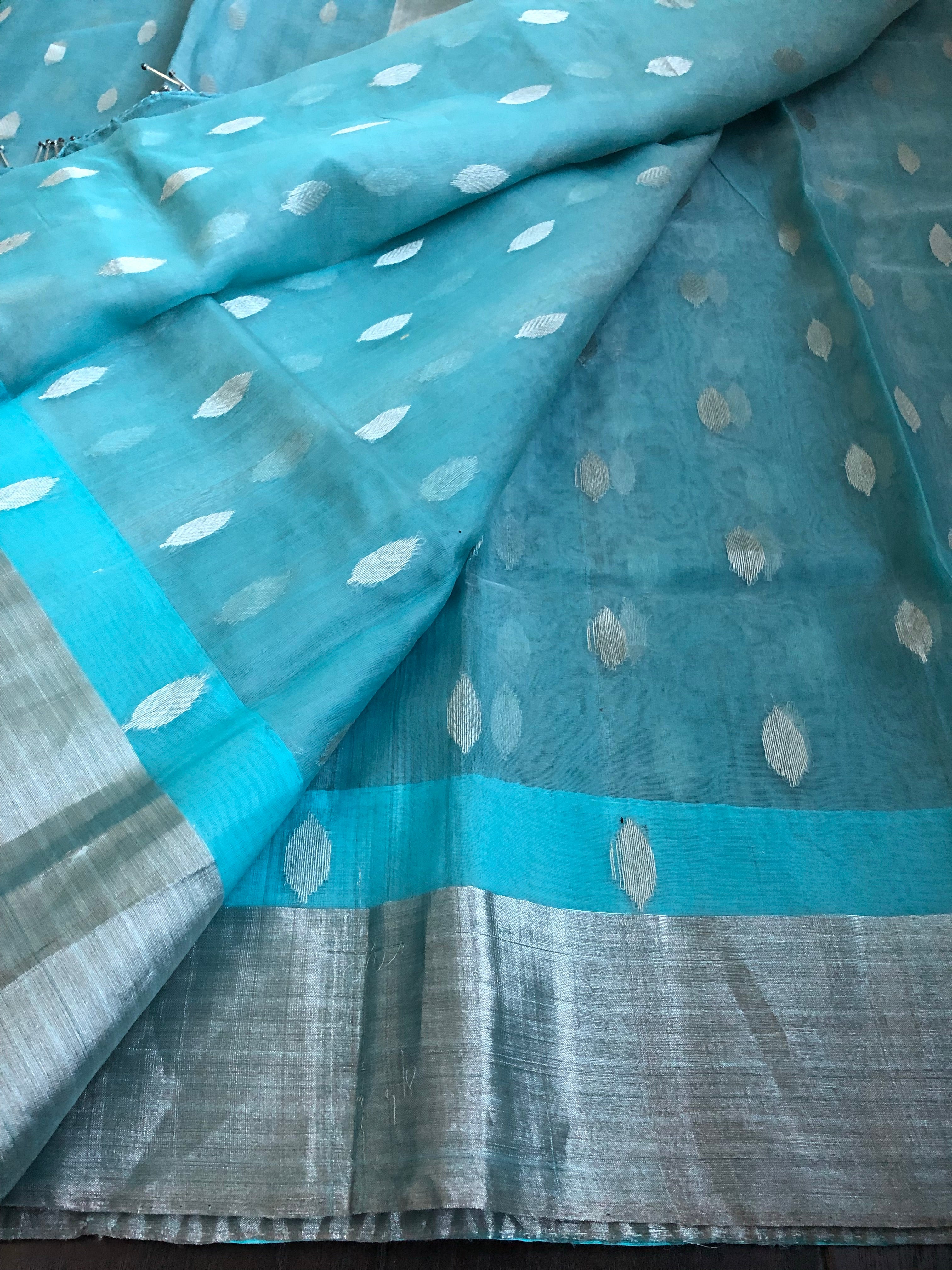 Chanderi Organza Silk - Light Blue Silver Zari