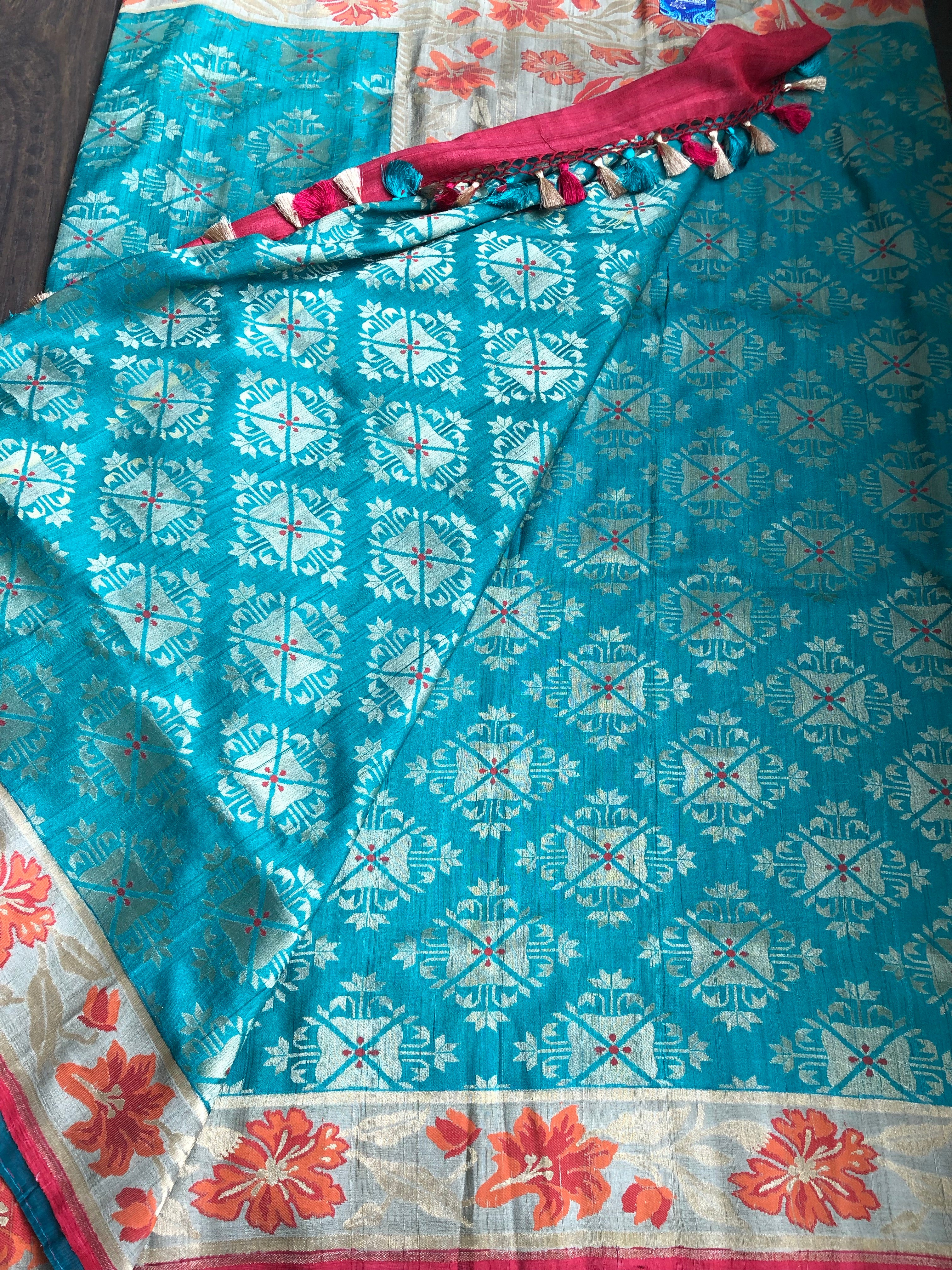 Tussar Georgette Banarasi- Teal Blue Orange Paithani border