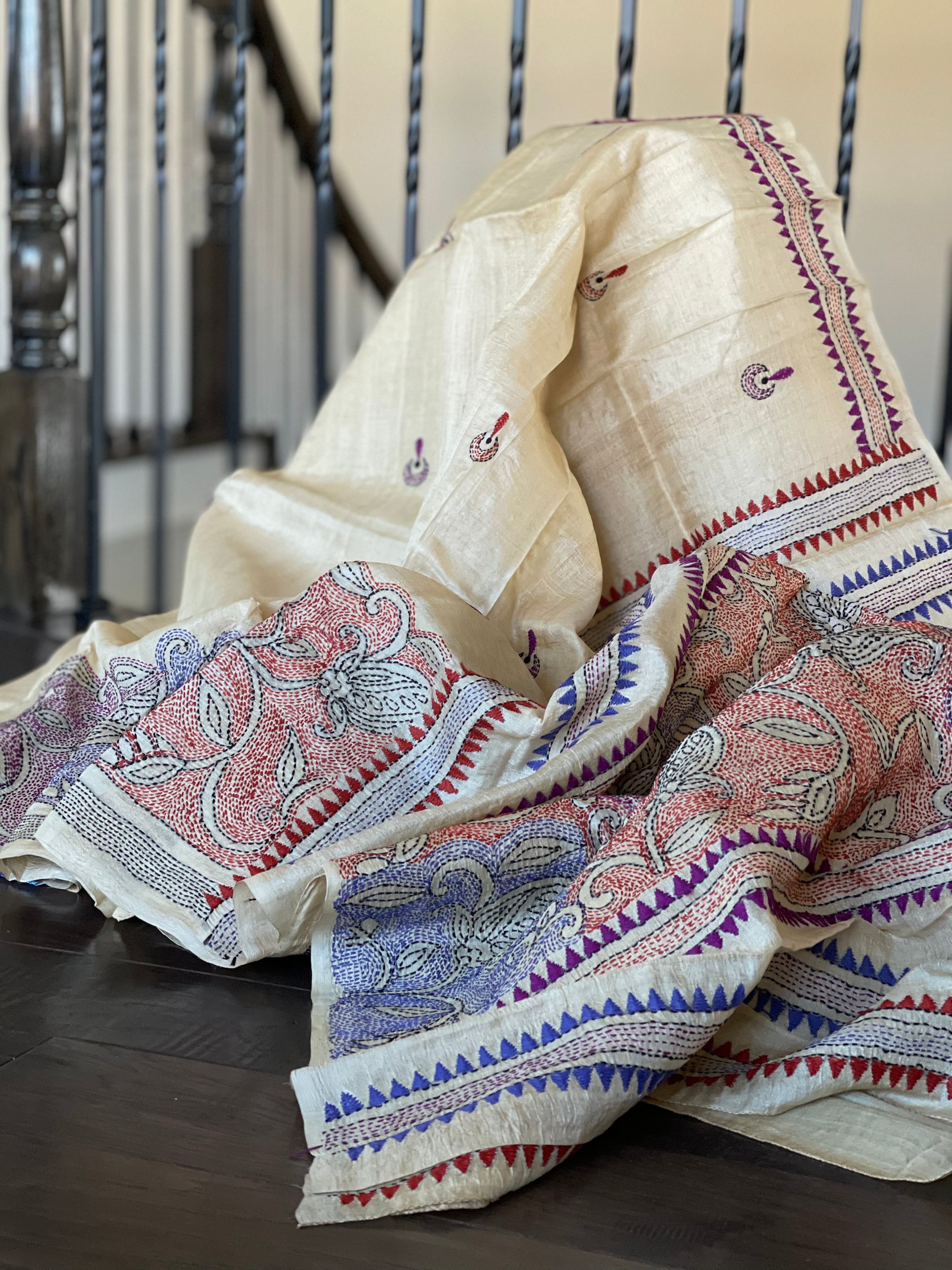 Pure Tussar Silk Kantha Stitch - Beige Multi Color