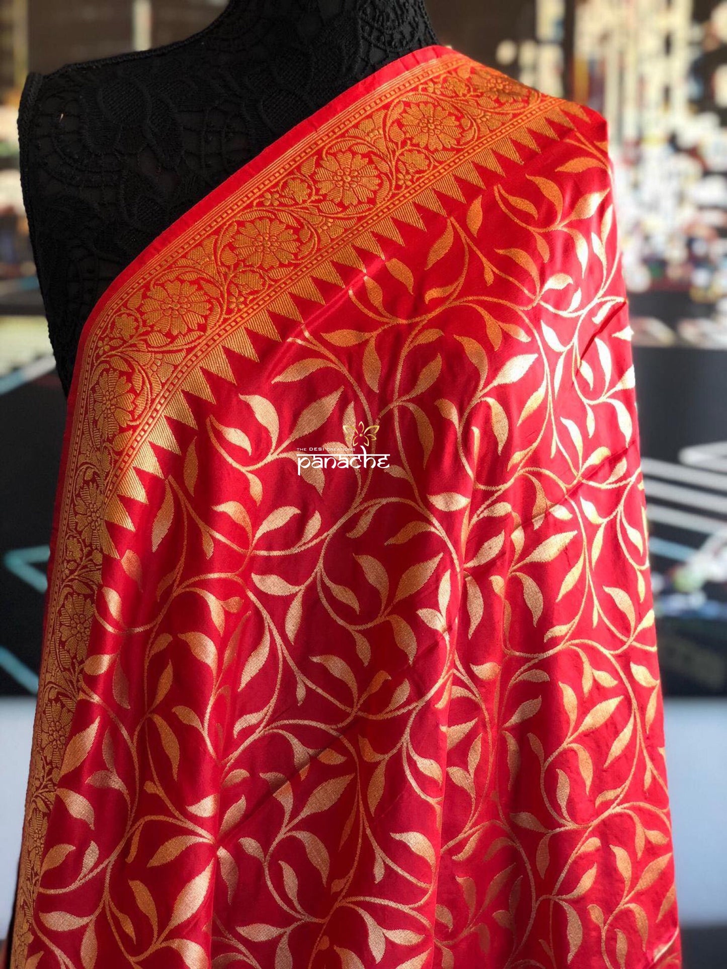 Pure Silk Katan Banarasi - Red Golden Zari