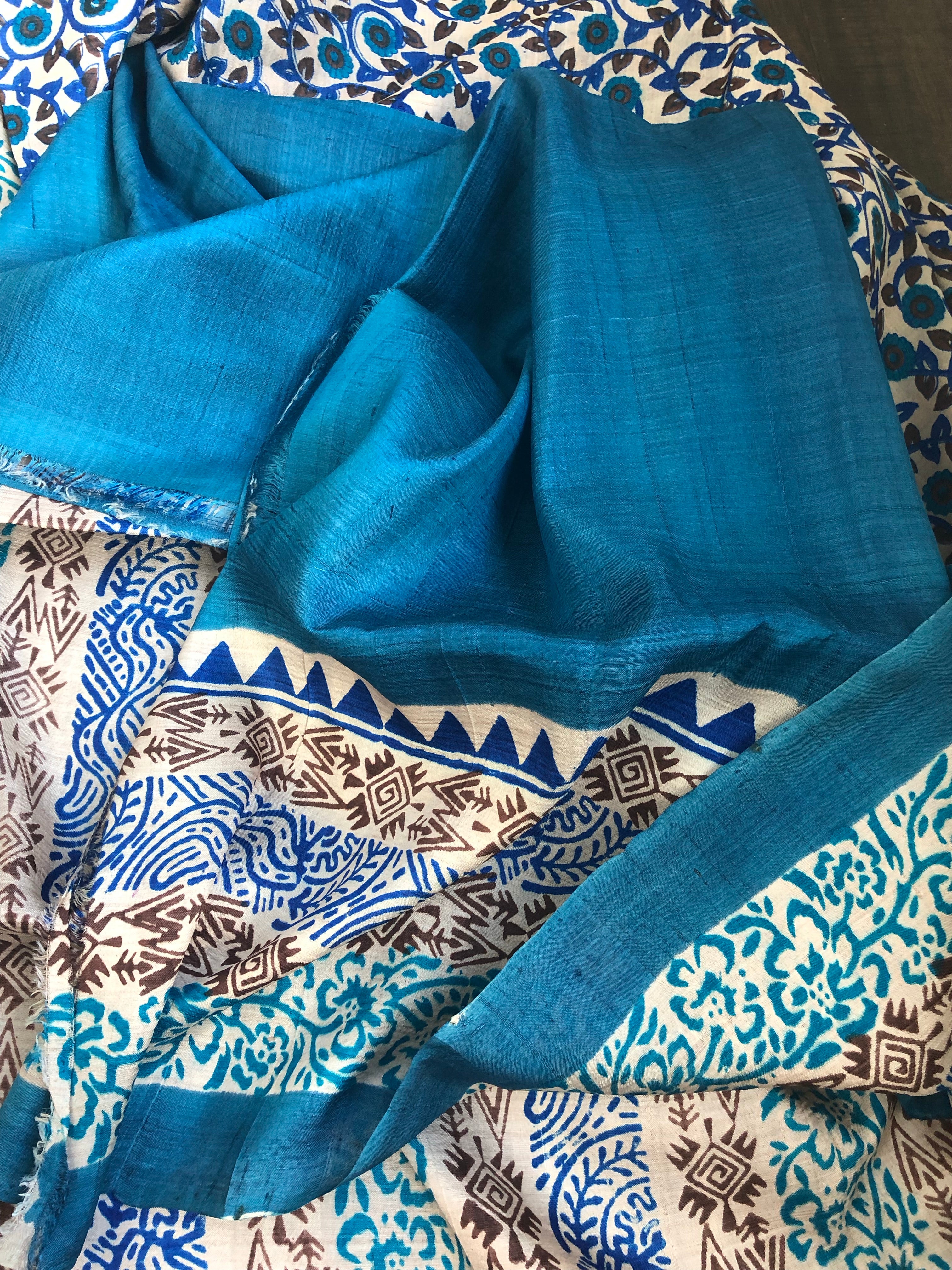 Tussar Silk - Printed Offwhite Firozi Royal Blue