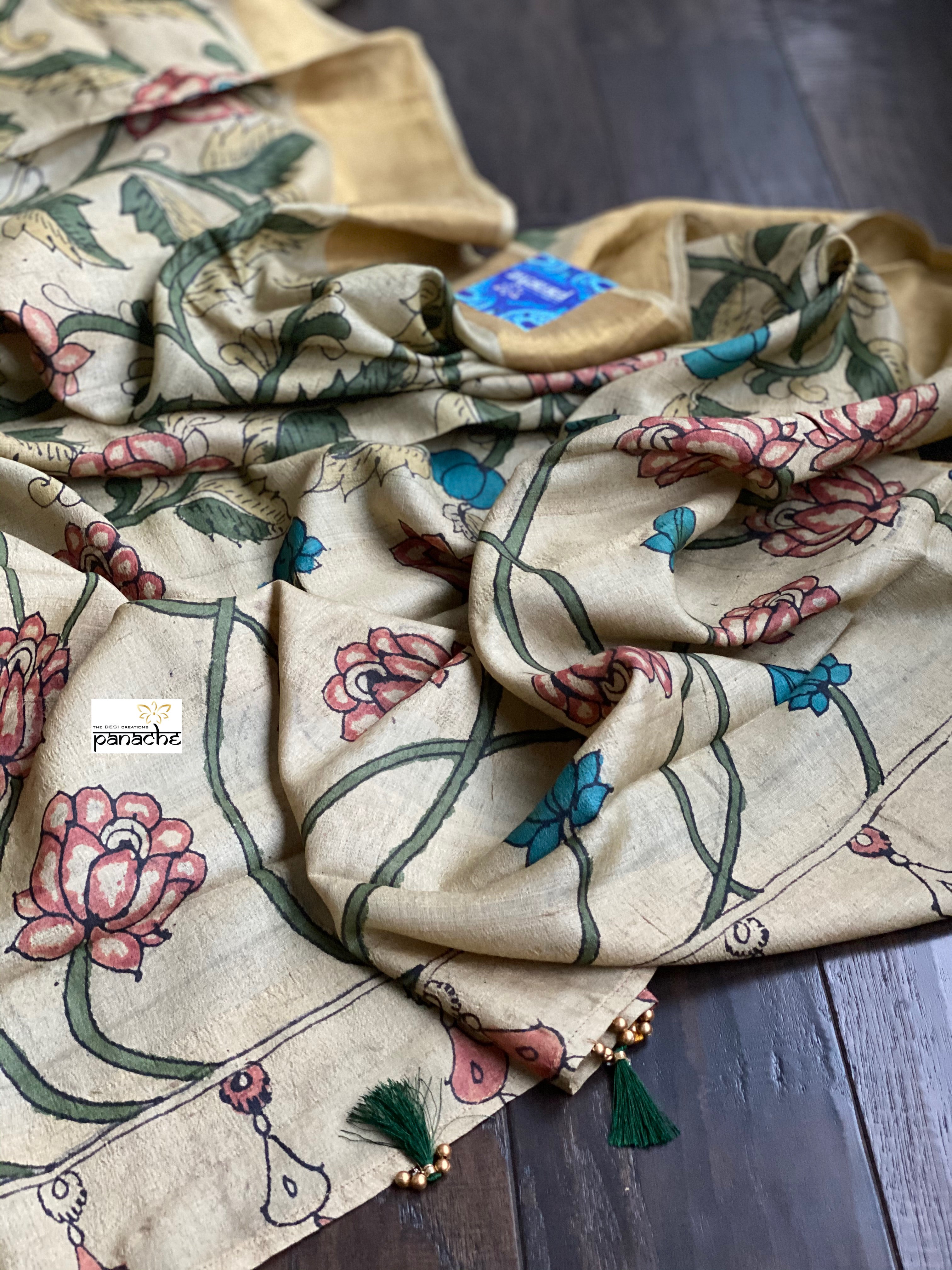 Pen Kalamkari Tussar Silk - Hand-painted Beige Green