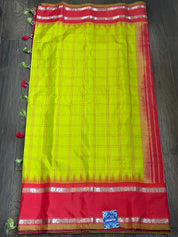 Silk Gadwal - Lime Green Red Checkered Golden Zari