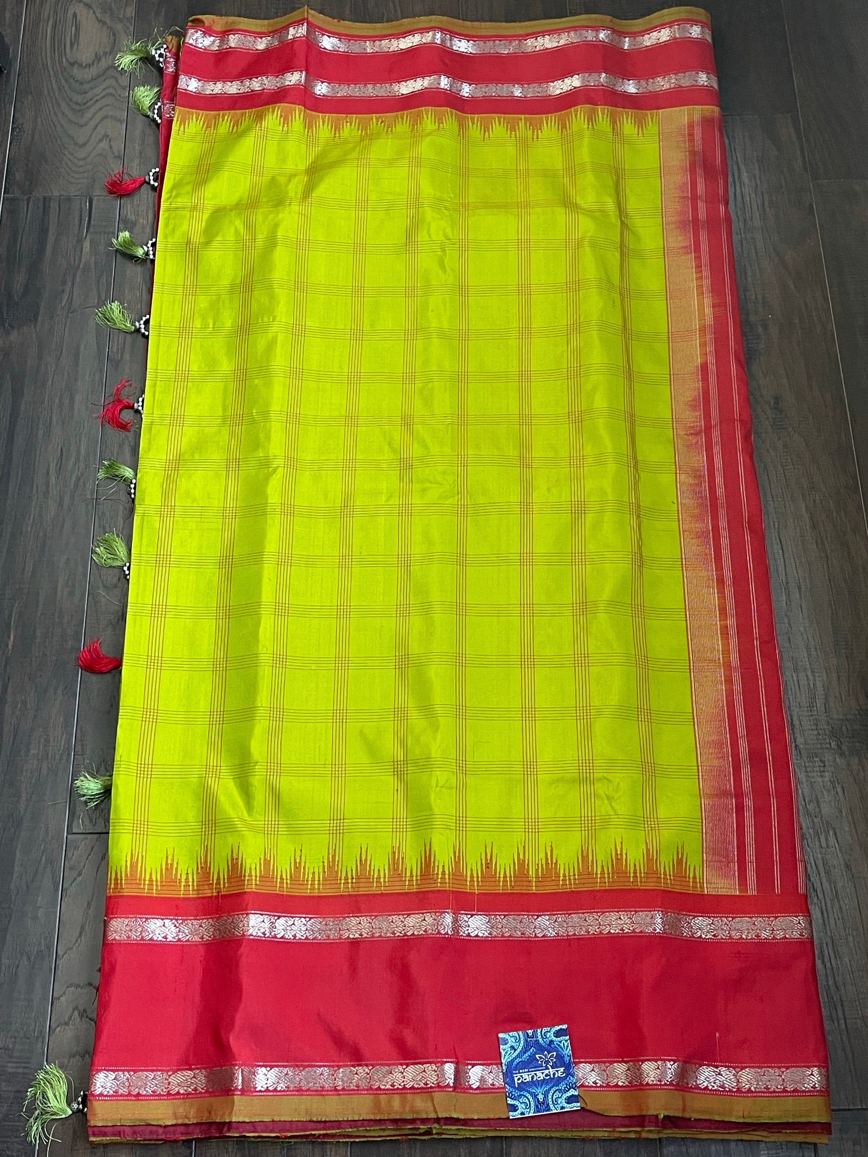 Silk Gadwal - Lime Green Red Checkered Golden Zari