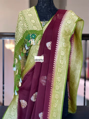 Khaddi Georgette Banarasi - Maroon Mehendi Green Kadwa