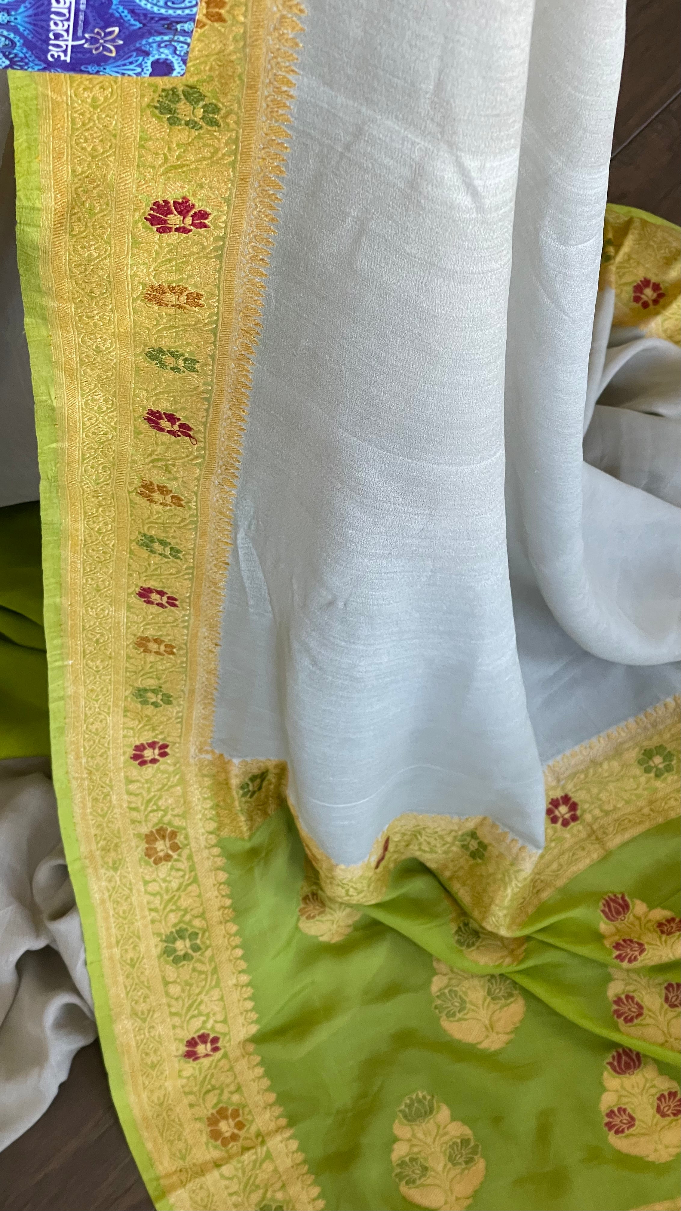 Khaddi Georgette Banarasi - Grey Green Meenakari