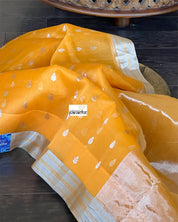 Pure Chanderi Organza Silk - Orangish Yellow Silver Zari
