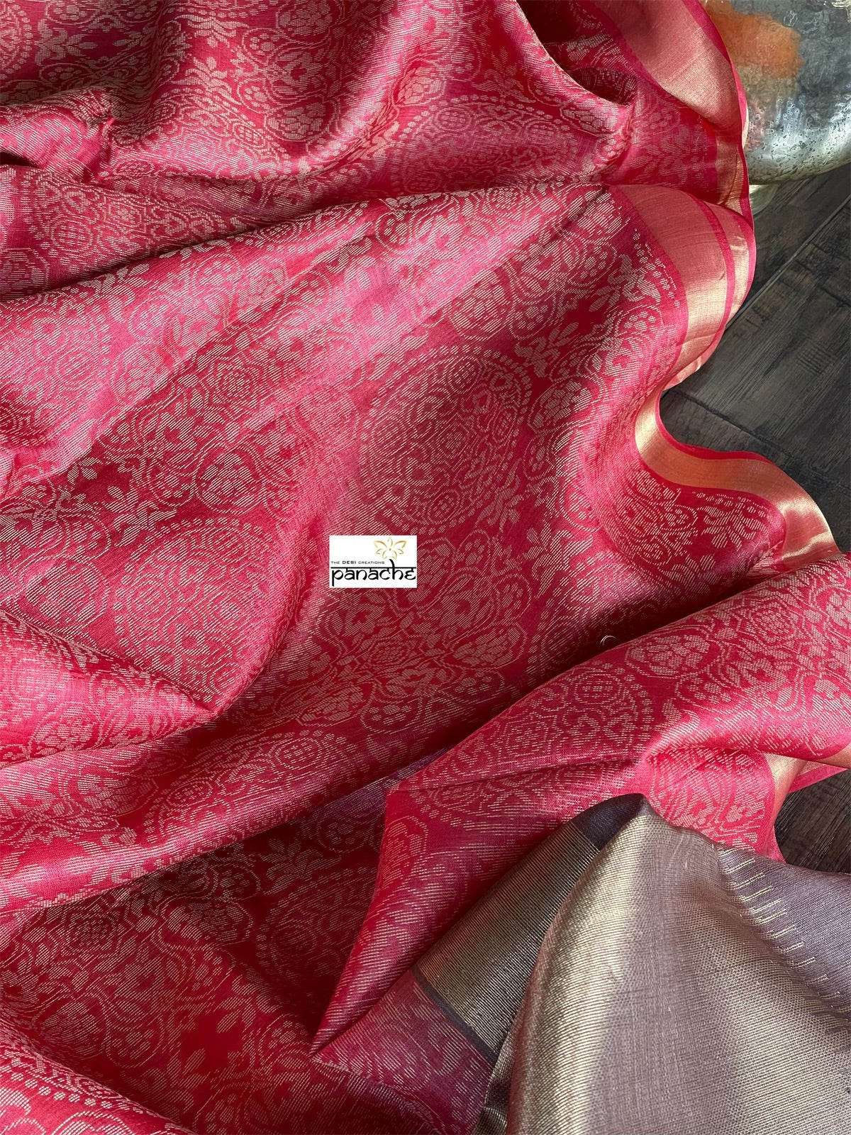 Tussar Silk - Coral Red Resham Woven