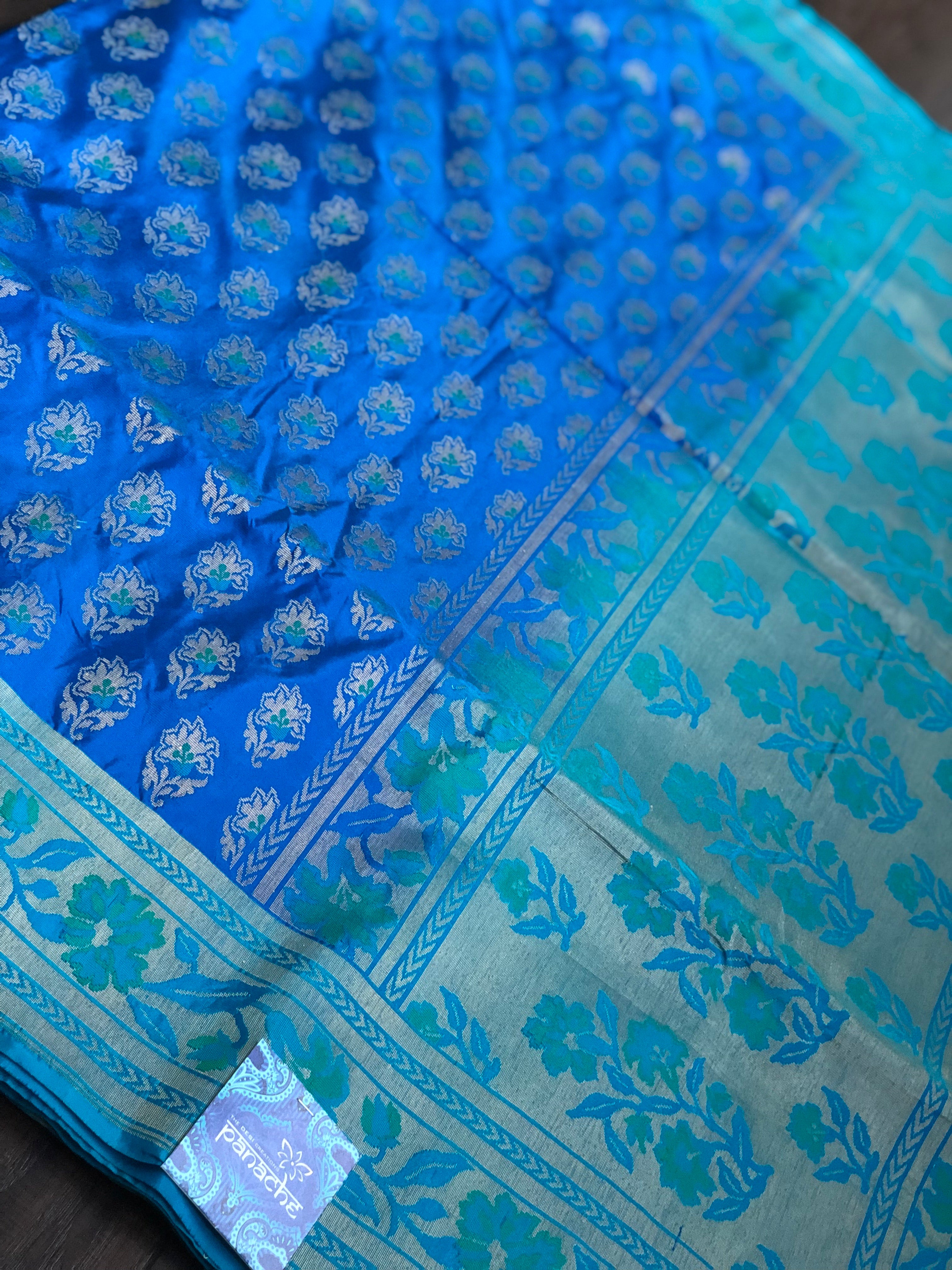 Pure Katan Silk Banarasi - Royal Blue Firozi Antique Zari