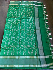 Pure Chanderi Silk - Green Silver Zari