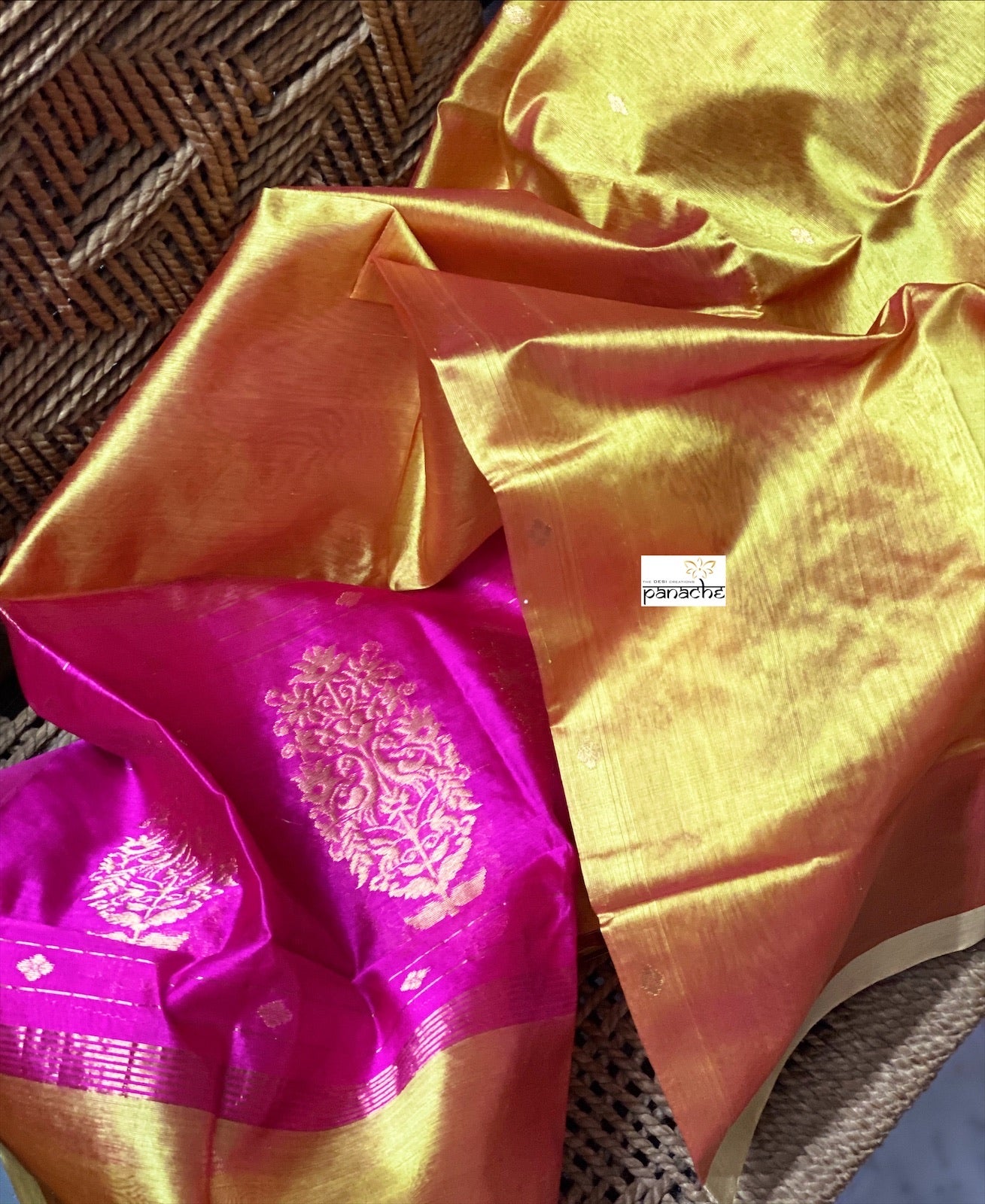Pure Silk Chanderi Dupatta - Yellow Pink Handwoven
