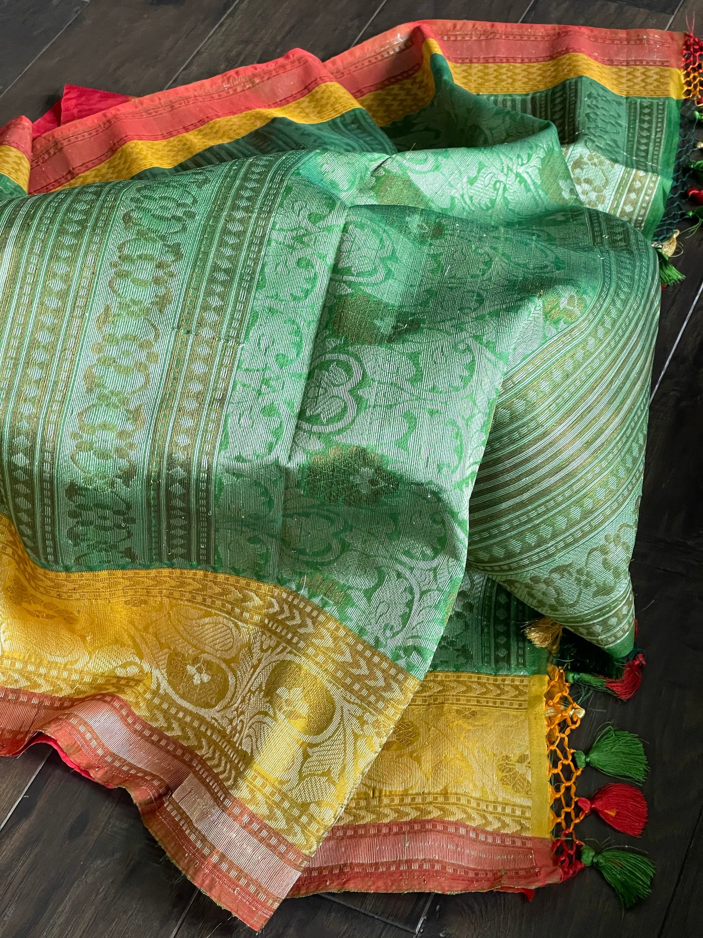 Tussar Silk Banarasi - Green Yellow Red