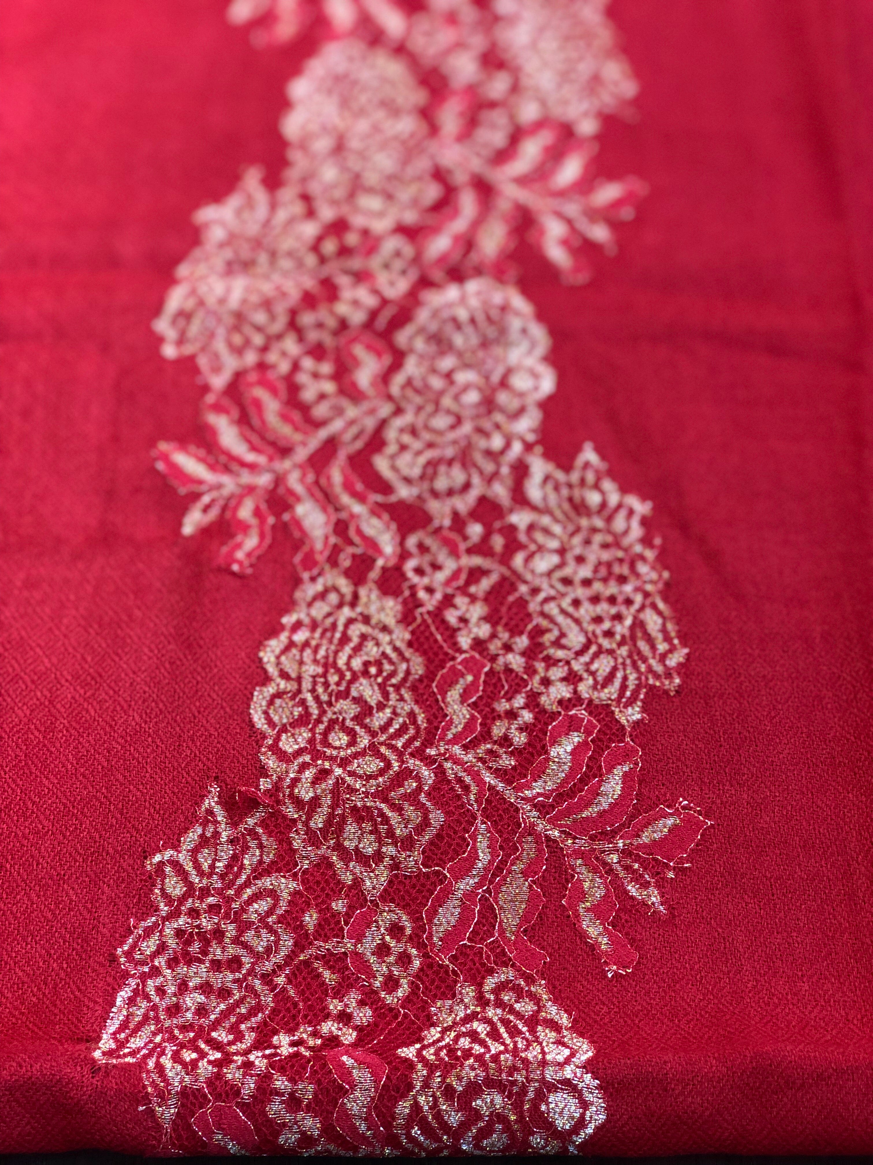 Pure Pashmina Lace Stole - Red