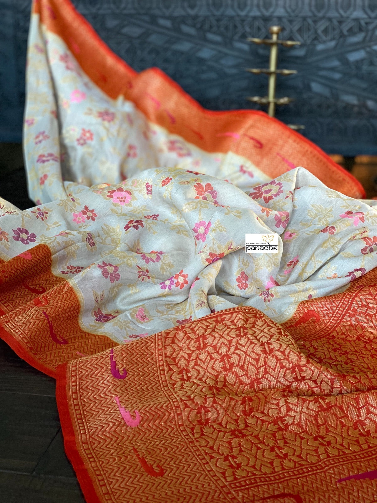 Khaddi Tussar Banarasi - Tilfi woven Beige Orange Multi Meenakari