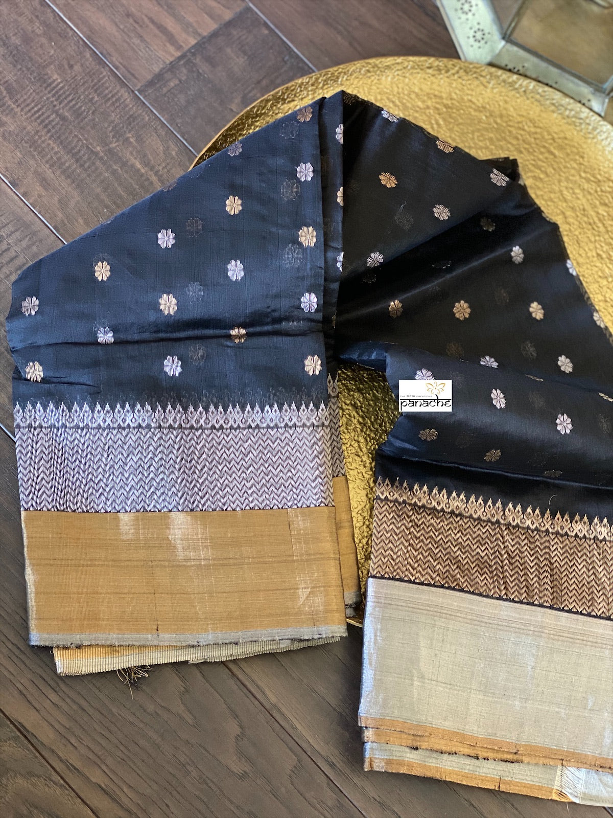Pure Chanderi Silk -  Black Golden Silver Zari Woven