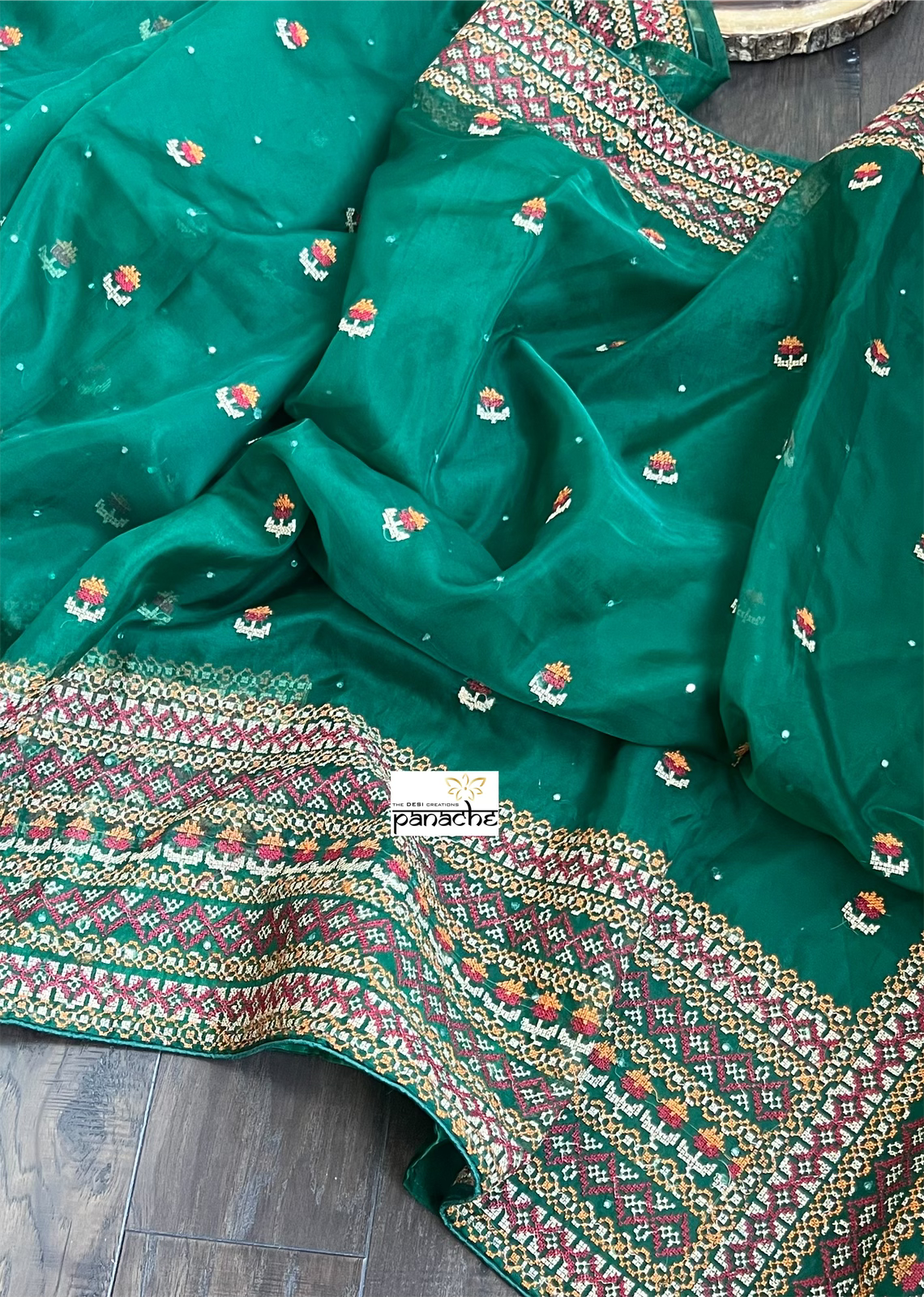 Designer Organza - Green Gujarati Stitch