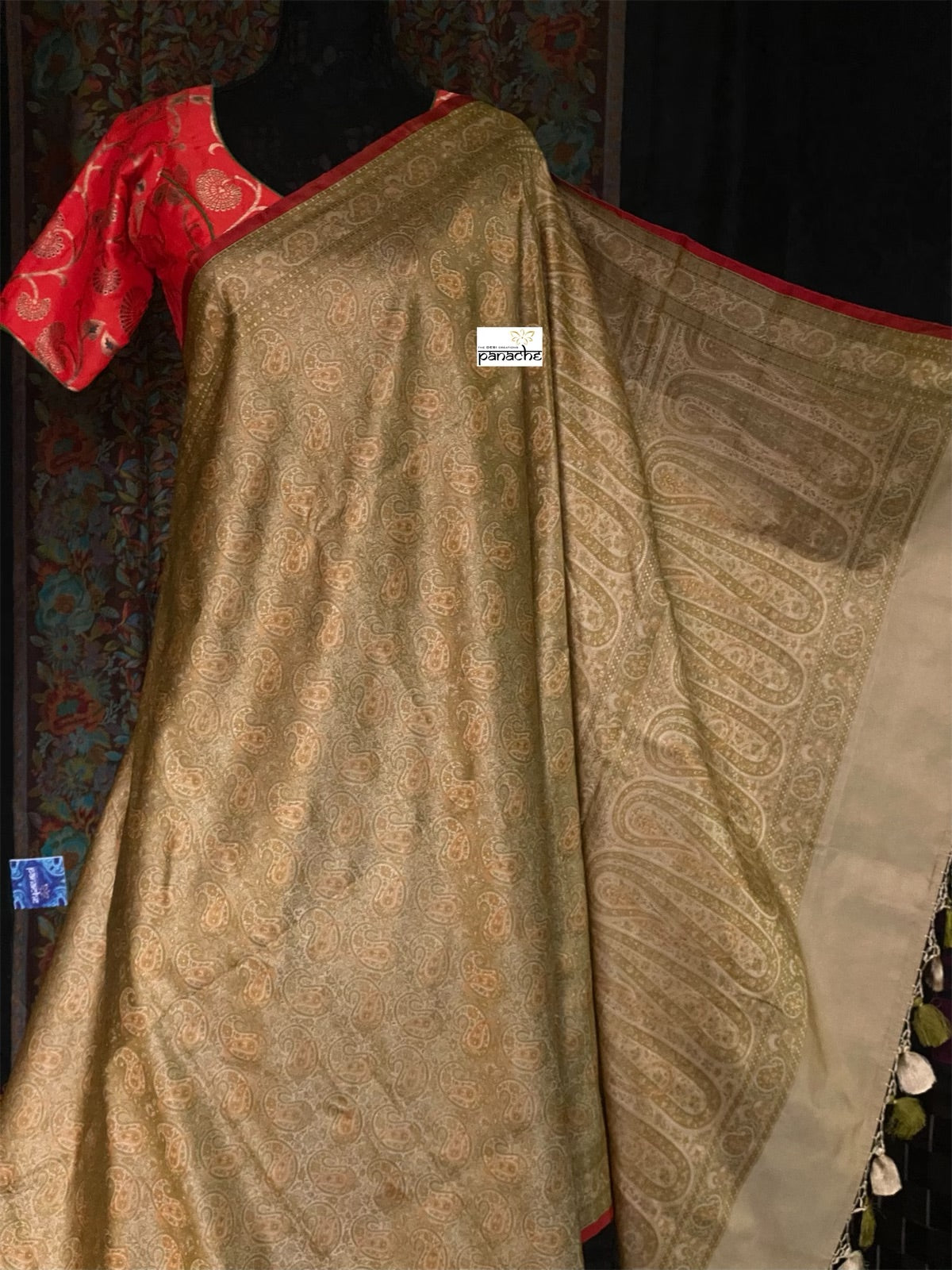 Pure Satin Silk Tanchoi Banarasi - Beige Grey Pista Green Kani Woven