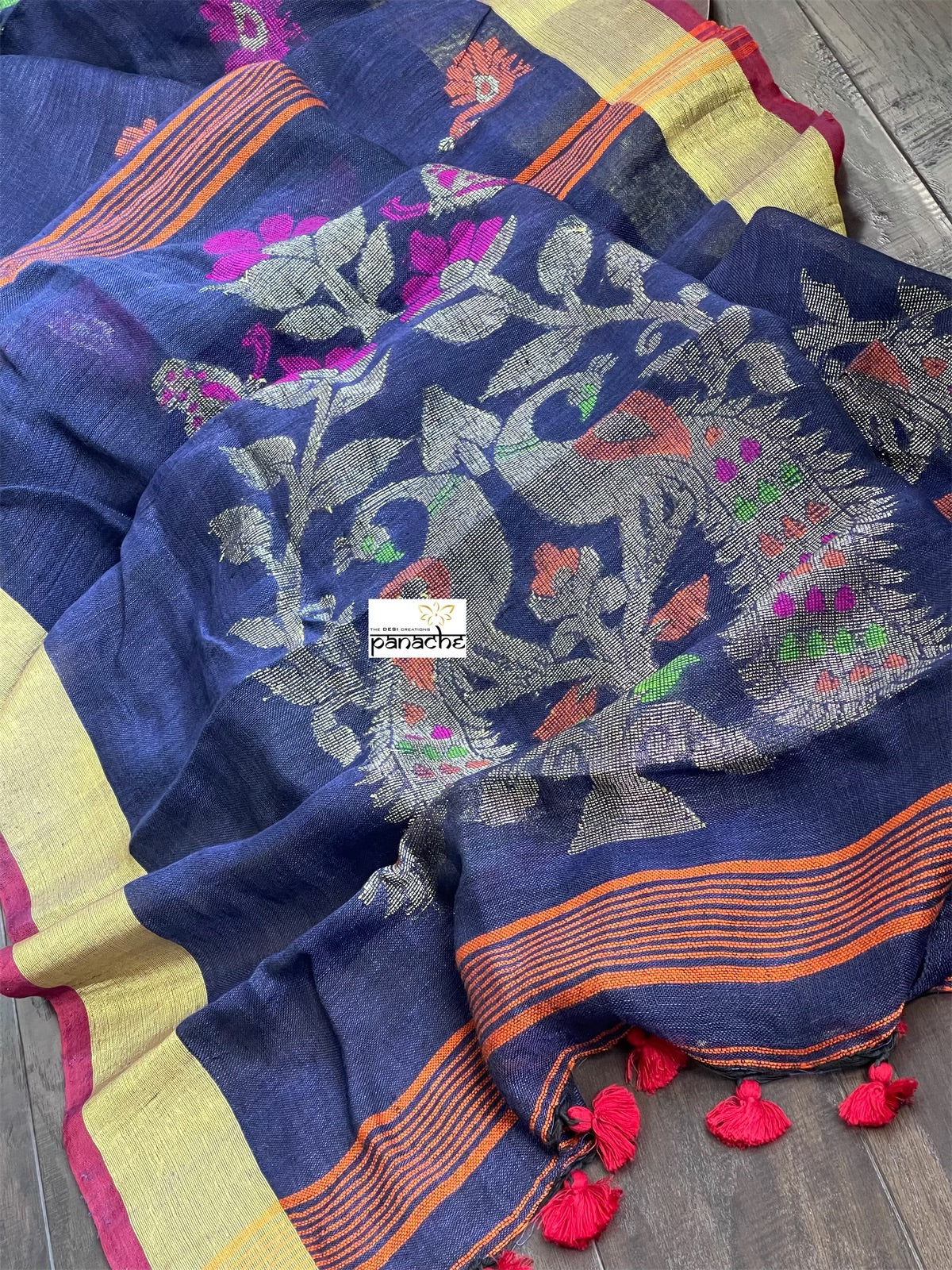 Handloom Banarasi Linen -  Navy Blue Zari woven