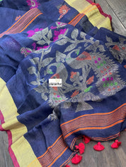 Handloom Banarasi Linen -  Navy Blue Zari woven