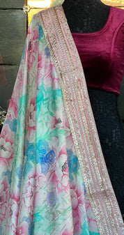 Designer Chiffon  - Pink Sea Green Multi color