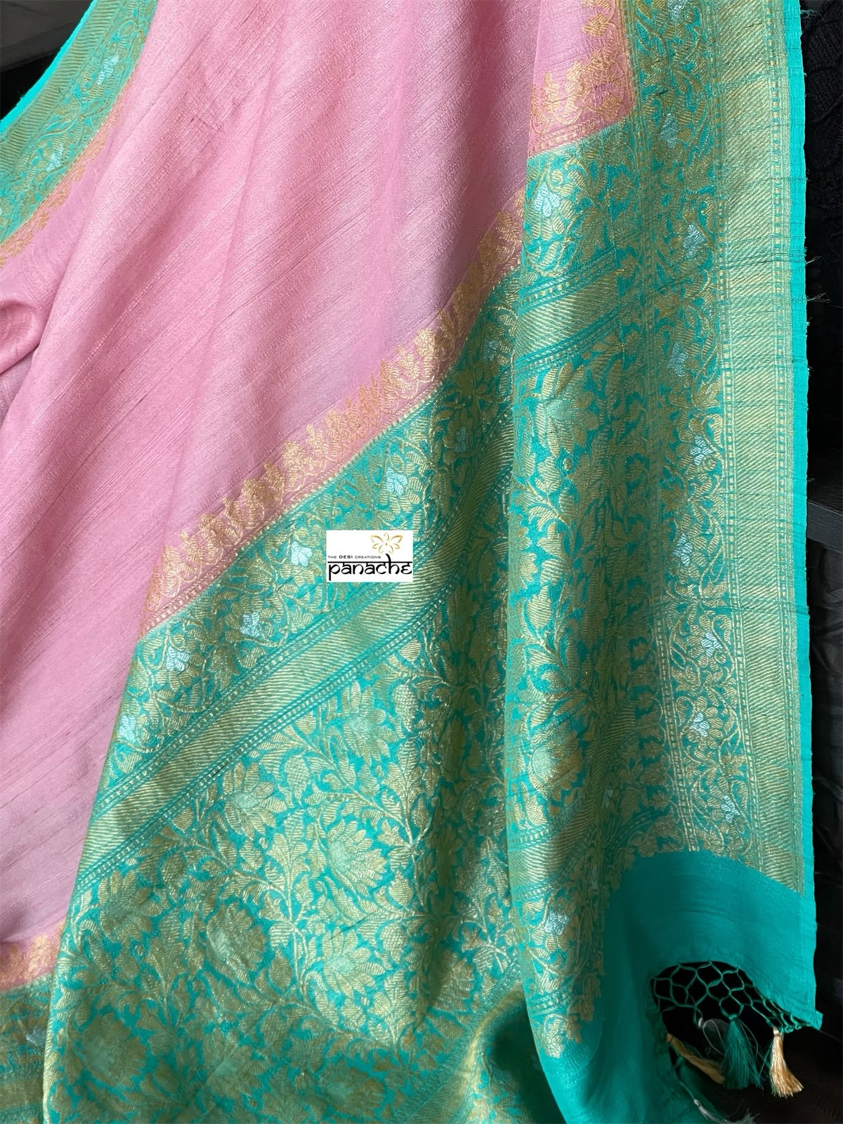 Tussar Georgette Banarasi- Pink Sea Green
