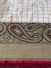 Pure Katan Silk Banarasi - Offwhite Black Checkered Kadwa Woven