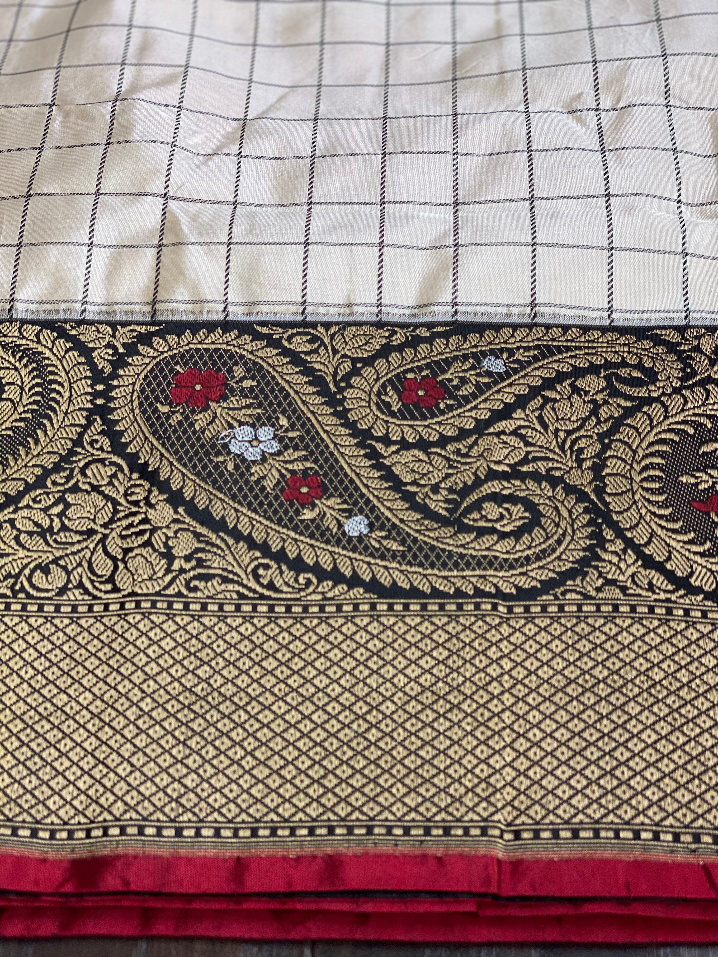 Pure Katan Silk Banarasi - Offwhite Black Checkered Kadwa Woven