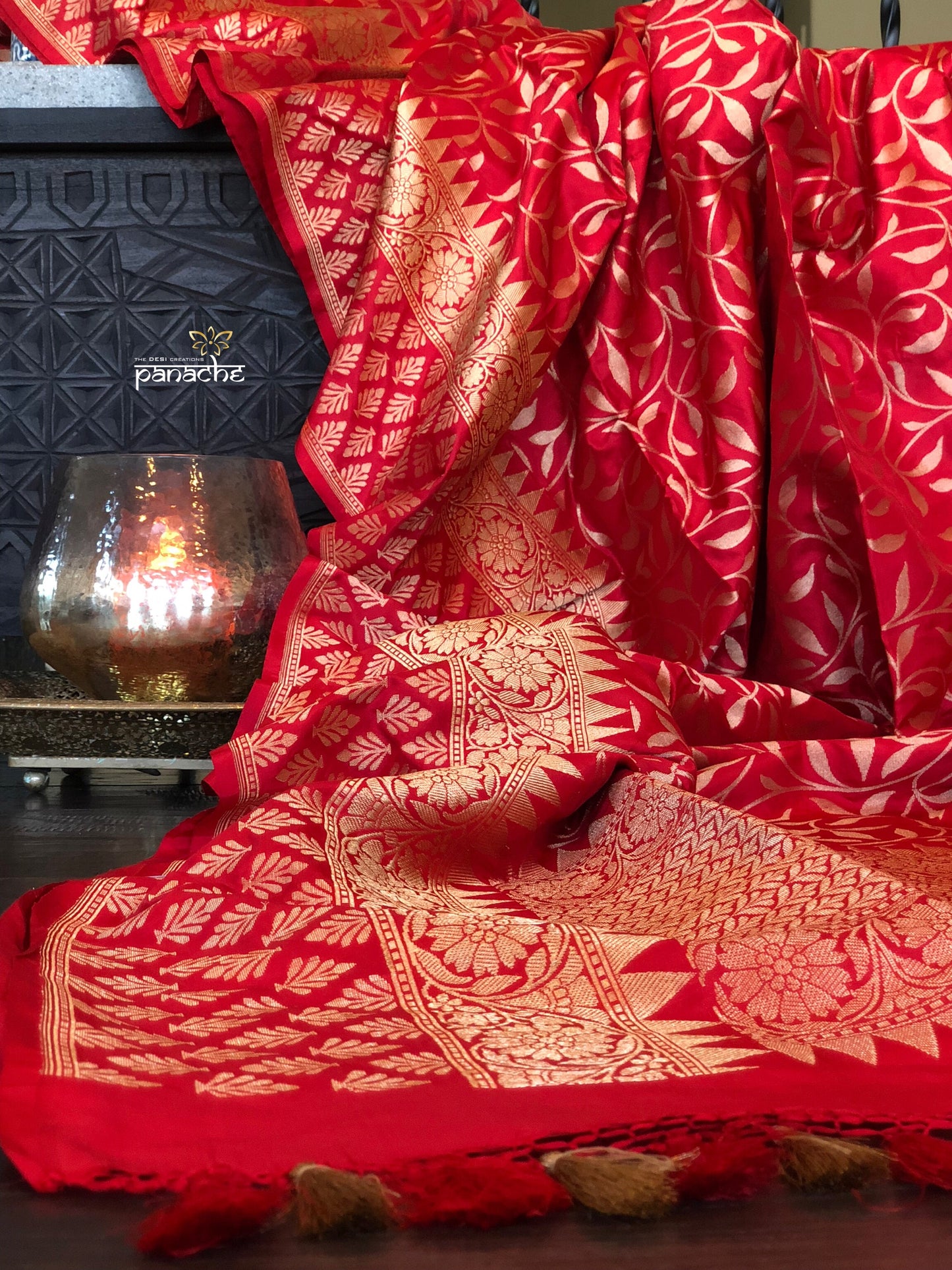Pure Silk Katan Banarasi - Red Golden Zari