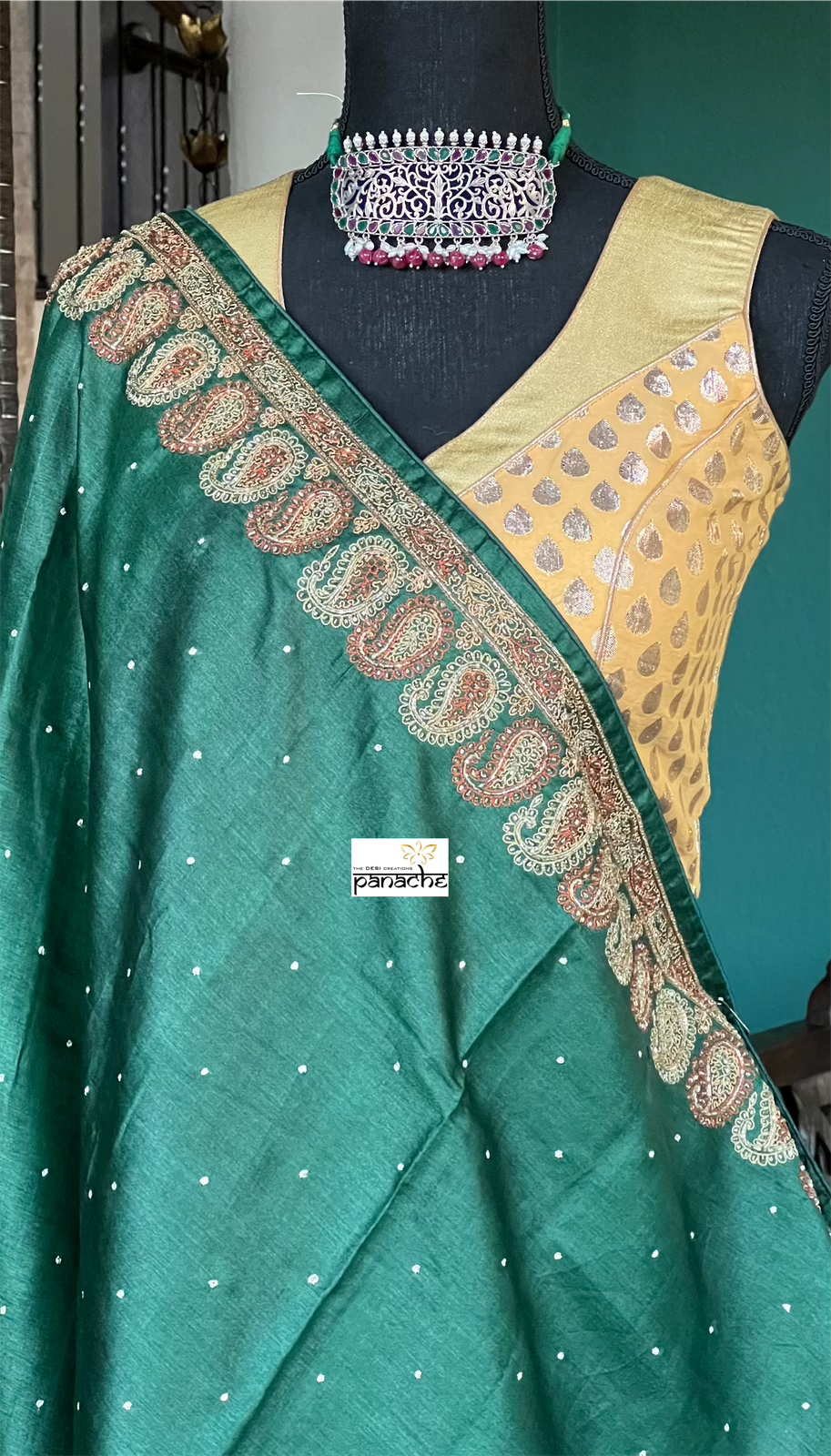 Pure Tussar Silk - Dark Green Embroidered