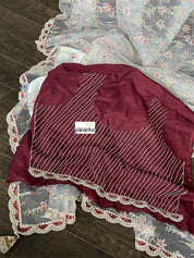 Designer Organza - Off-white Maroon Hand embroidered