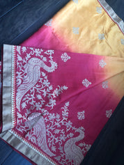 Designer Tussar Silk - Golden Yellow Raspberry Red