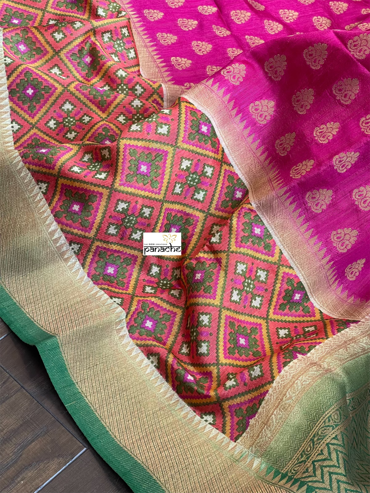 Dupion Silk Banaras Chanderi - Magenta Pink Green