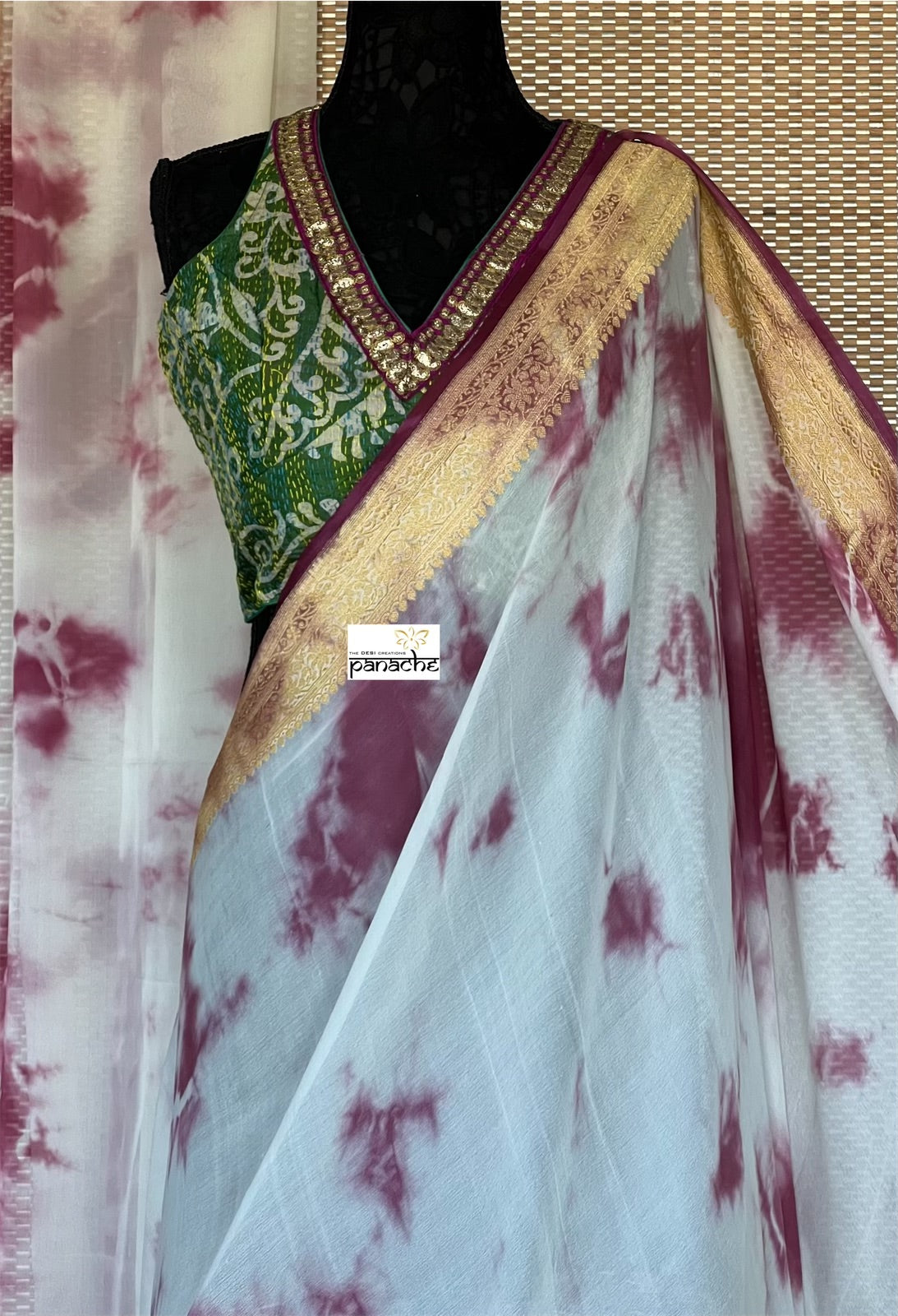 Khaddi Georgette Banarasi - Off-White Wine Purple Tie-dye Khadhua Woven