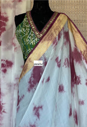 Khaddi Georgette Banarasi - Off-White Wine Purple Tie-dye Khadhua Woven