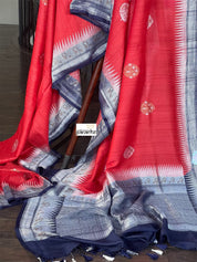 Tussar Georgette Banarasi - Red Navy Blue Kadwa