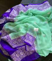 Chiffon Georgette Silk Banarasi - Mint Green Purple Silver Zari